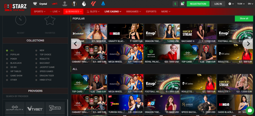 888starz Live Casino section